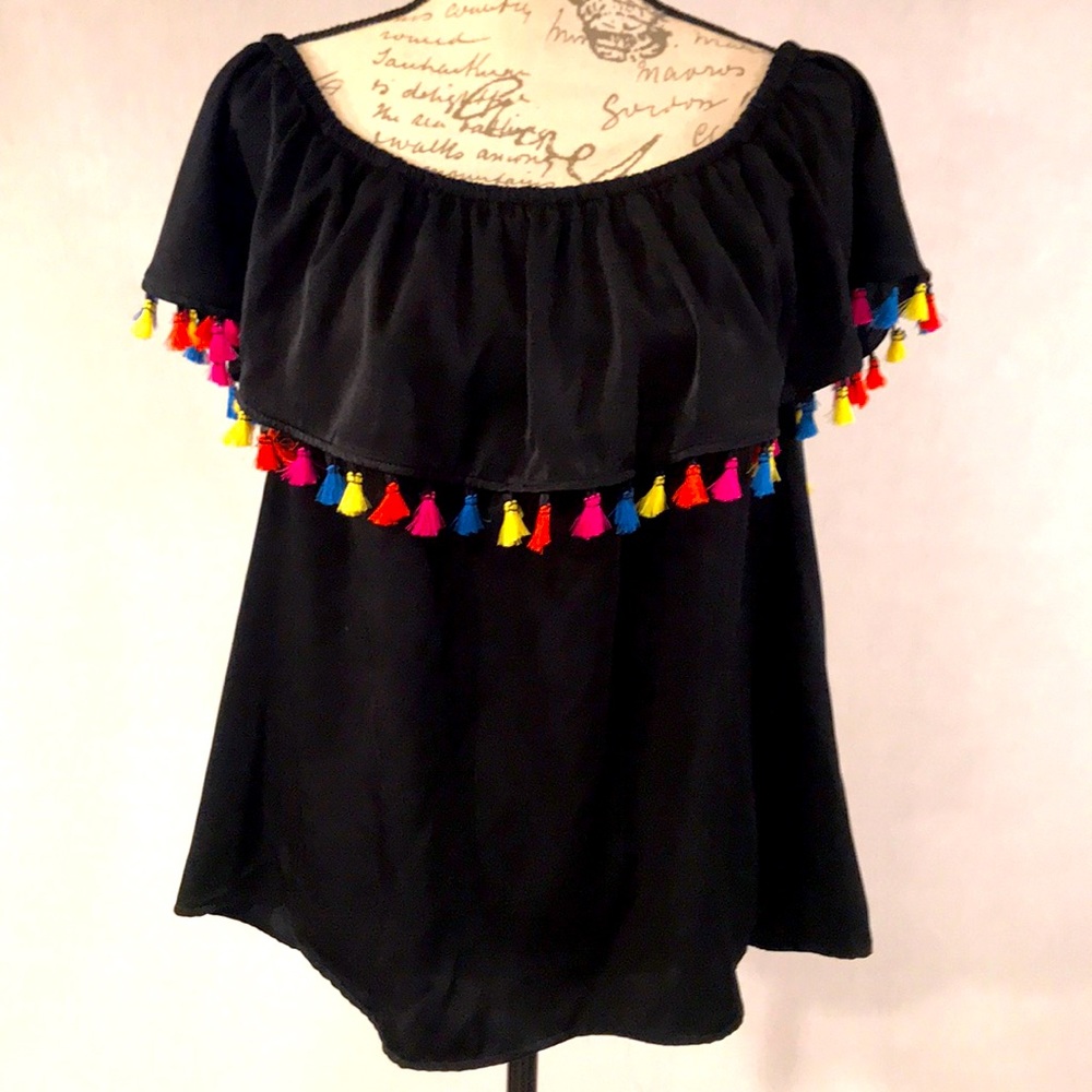 INC International Off the Shoulder Tasseled Top XL
